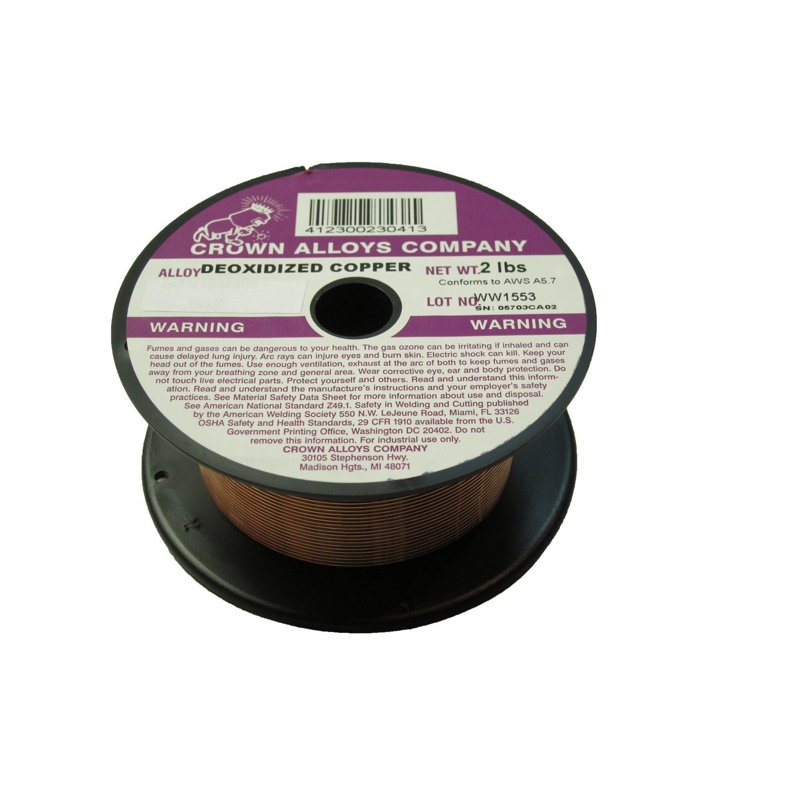 Crown Alloy .035 x 2# DEO-COPPER Deoxidized Copper (ER Cu) MIG 2 lb SPOOL (CSDEO/1F)