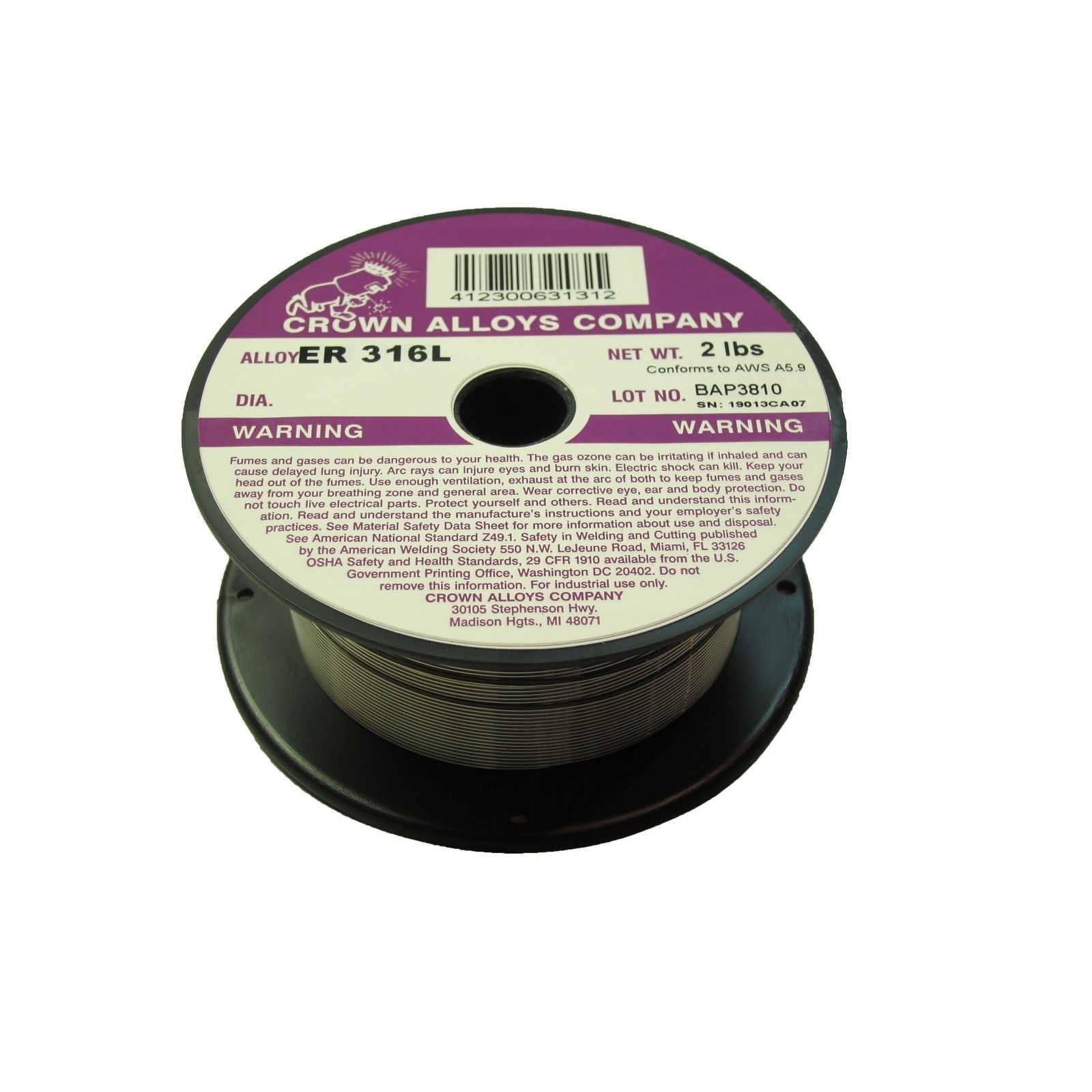 Crown Alloy .035 x 2# ER 316L Stainless Steel MIG 2 lb SPOOL (SS316/1XF)